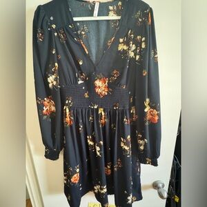 Navy Blue and Floral Long Sleeve Dress